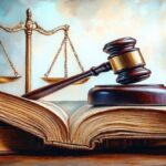 A judge's wooden gavel resting on an open thick book with a set of brass scales of justice in the background symbolizing law and legal authority