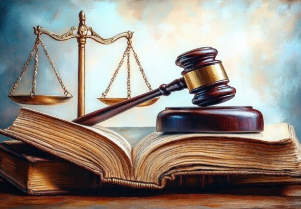 A judge's wooden gavel resting on an open thick book with a set of brass scales of justice in the background symbolizing law and legal authority